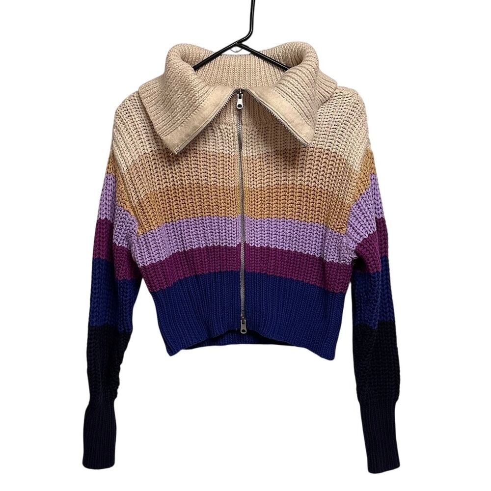 Aerie Double Zip‎ Sweater US S Chunky Knit Colorful Striped High Fold Over Neck